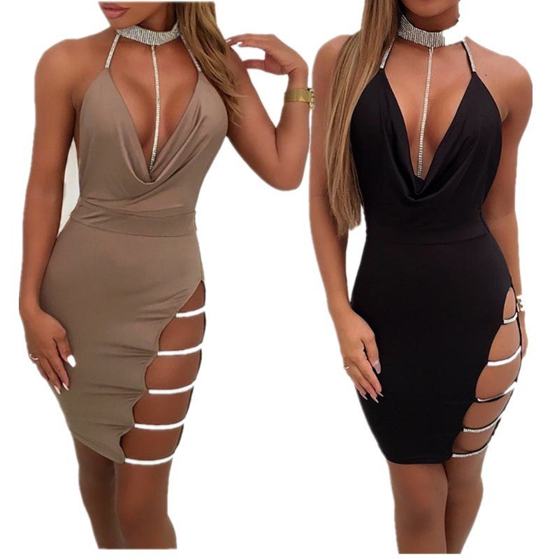 2022 European and American sexy sling jumpsuit hip skirt side slit hot rhinestone low-cut halter tight nightclub skirt in stock - F.MarketKhaki / SF.MarketS2022 European and American sexy sling jumpsuit hip skirt side slit hot rhinestone low-cut halter tight nightclub skirt in stock2022 European and American sexy sling jumpsuit hip skirt side slit hot rhinestone low-cut halter tight nightclub skirt in stock