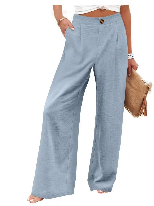 2026 Cross-Border Amazon European and American Summer Comfortable High-Waisted Long Pants with Buttons and Elastic Waist Wide-Leg Pants for Women Casual Straight-Leg Pants - F.Marketsky blue / SF.MarketS2026 Cross-Border Amazon European and American Summer Comfortable High-Waisted Long Pants with Buttons and Elastic Waist Wide-Leg Pants for Women Casual Straight-Leg Pants2026 Cross-Border Amazon European and American Summer Comfortable High-Waisted Long Pants with Buttons and Elastic Waist Wide-