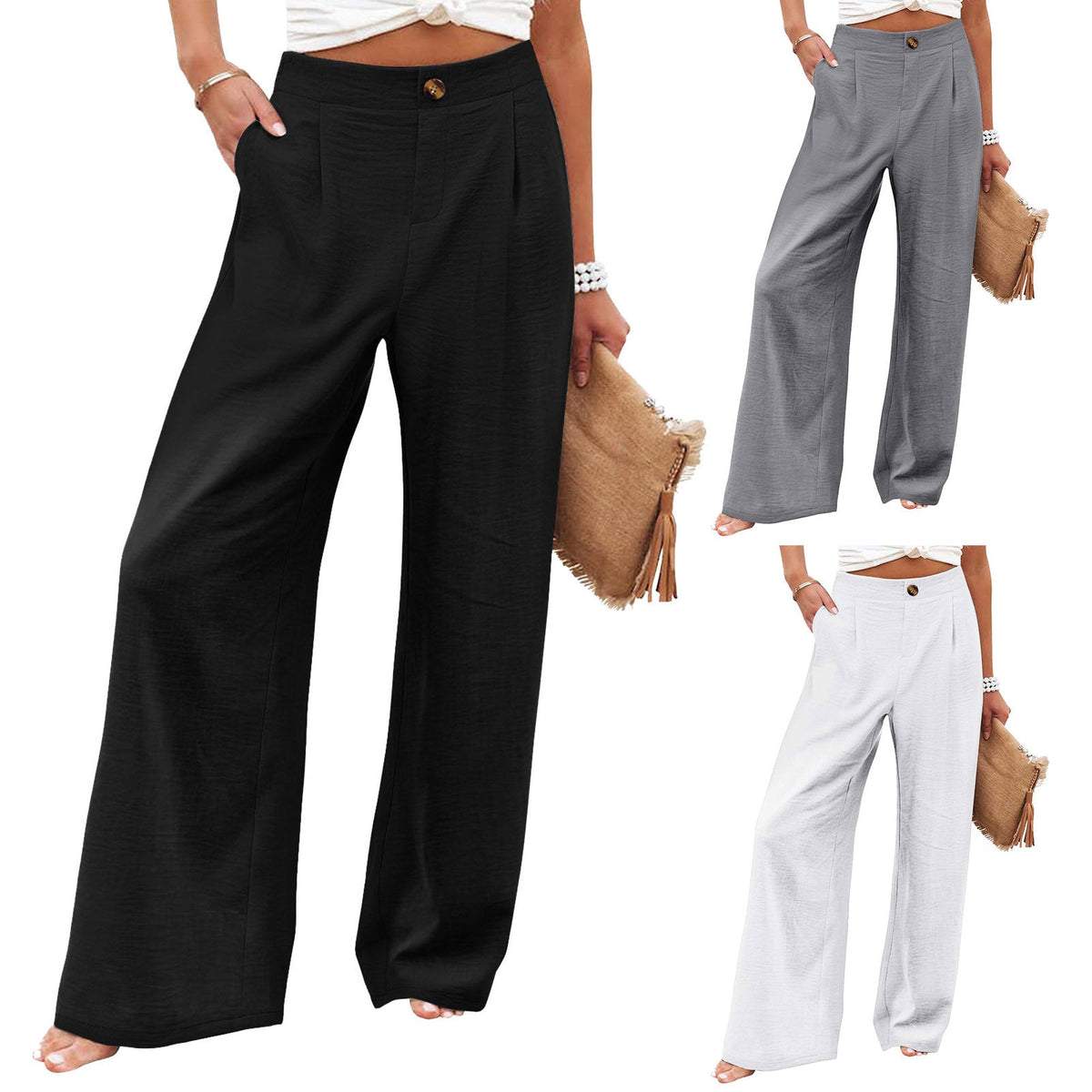 2026 Cross-Border Amazon European and American Summer Comfortable High-Waisted Long Pants with Buttons and Elastic Waist Wide-Leg Pants for Women Casual Straight-Leg Pants - F.MarketWhite / SF.MarketS2026 Cross-Border Amazon European and American Summer Comfortable High-Waisted Long Pants with Buttons and Elastic Waist Wide-Leg Pants for Women Casual Straight-Leg Pants2026 Cross-Border Amazon European and American Summer Comfortable High-Waisted Long Pants with Buttons and Elastic Waist Wide-Leg