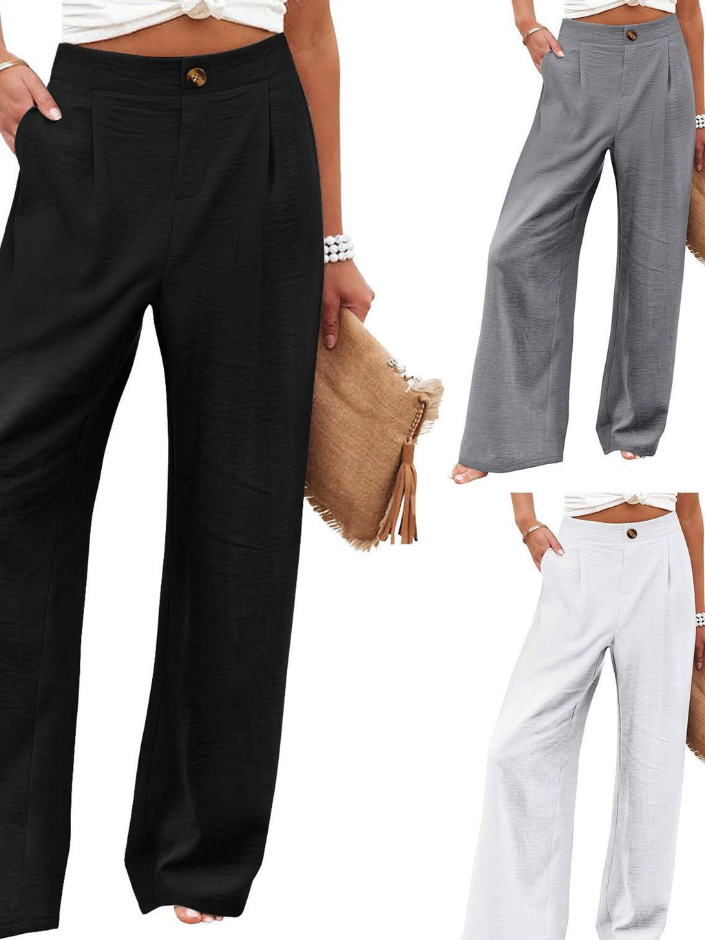 2026 Cross-Border Amazon European and American Summer Comfortable High-Waisted Long Pants with Buttons and Elastic Waist Wide-Leg Pants for Women Casual Straight-Leg Pants - F.MarketWhite / SF.MarketS2026 Cross-Border Amazon European and American Summer Comfortable High-Waisted Long Pants with Buttons and Elastic Waist Wide-Leg Pants for Women Casual Straight-Leg Pants2026 Cross-Border Amazon European and American Summer Comfortable High-Waisted Long Pants with Buttons and Elastic Waist Wide-Leg