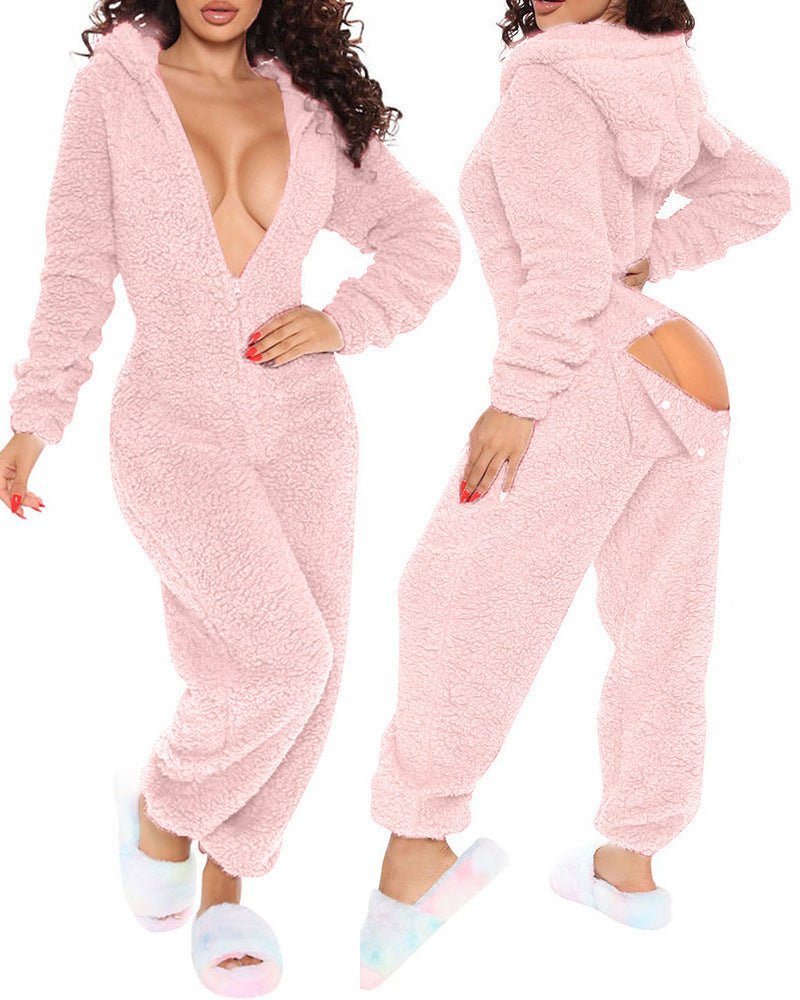 80223 European and American Cross-Border New Style One-Piece Loungewear Sexy Open-Back Women's Long-Sleeve Jumpsuit with Hood Cute Furry - F.MarketS / PinkF.MarketS80223 European and American Cross-Border New Style One-Piece Loungewear Sexy Open-Back Women's Long-Sleeve Jumpsuit with Hood Cute Furry80223 European and American Cross-Border New Style One-Piece Loungewear Sexy Open-Back Women's Long-Sleeve Jumpsuit with Hood Cute Furry