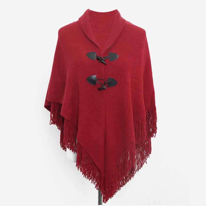 Autumn and Winter New Shawl Cloak Tassel Horn Button Pure Color Asymmetrical Double Layer Tassel Cloak Shawl Warm and Thickeneded - F.MarketRed / 120cmF.Market120cmAutumn and Winter New Shawl Cloak Tassel Horn Button Pure Color Asymmetrical Double Layer Tassel Cloak Shawl Warm and ThickenededAutumn and Winter New Shawl Cloak Tassel Horn Button Pure Color Asymmetrical Double Layer Tassel Cloak Shawl Warm and Thickeneded
