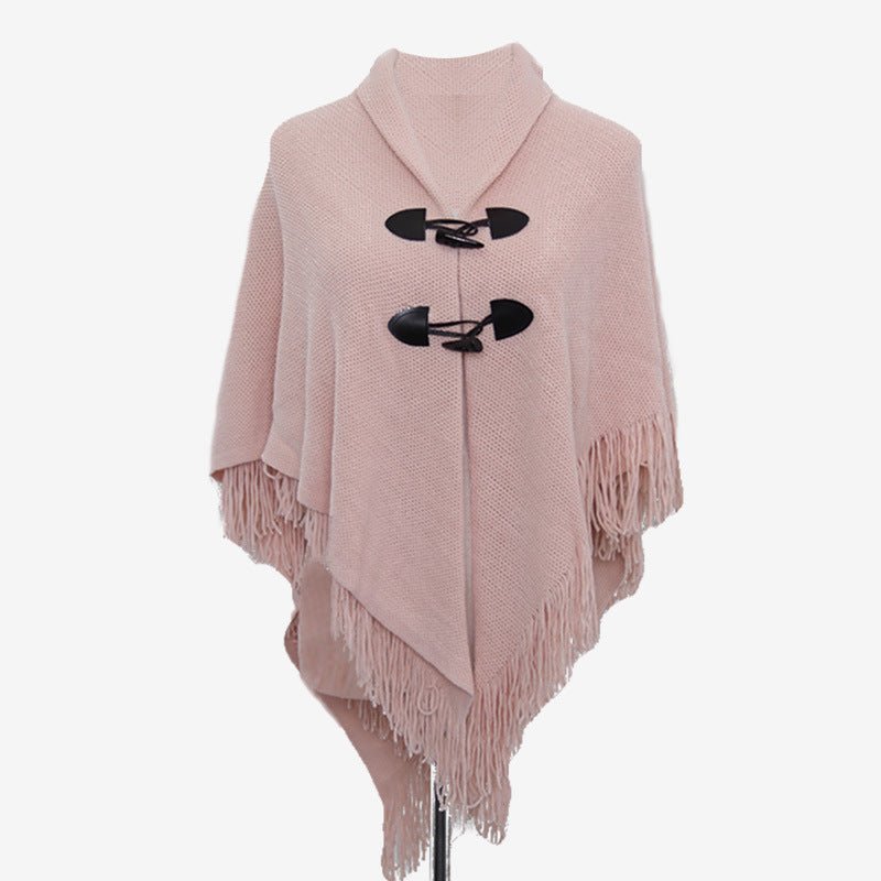 Autumn and Winter New Shawl Cloak Tassel Horn Button Pure Color Asymmetrical Double Layer Tassel Cloak Shawl Warm and Thickeneded - F.MarketPale pink / 120cmF.Market120cmAutumn and Winter New Shawl Cloak Tassel Horn Button Pure Color Asymmetrical Double Layer Tassel Cloak Shawl Warm and ThickenededAutumn and Winter New Shawl Cloak Tassel Horn Button Pure Color Asymmetrical Double Layer Tassel Cloak Shawl Warm and Thickeneded