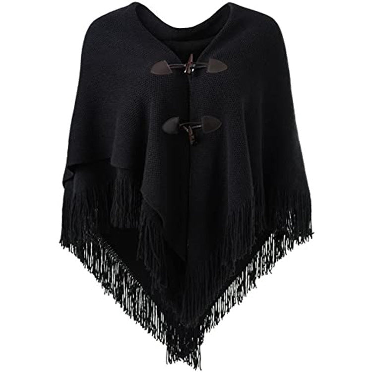 Autumn and Winter New Shawl Cloak Tassel Horn Button Pure Color Asymmetrical Double Layer Tassel Cloak Shawl Warm and Thickeneded - F.MarketRed / 120cmF.Market120cmAutumn and Winter New Shawl Cloak Tassel Horn Button Pure Color Asymmetrical Double Layer Tassel Cloak Shawl Warm and ThickenededAutumn and Winter New Shawl Cloak Tassel Horn Button Pure Color Asymmetrical Double Layer Tassel Cloak Shawl Warm and Thickeneded