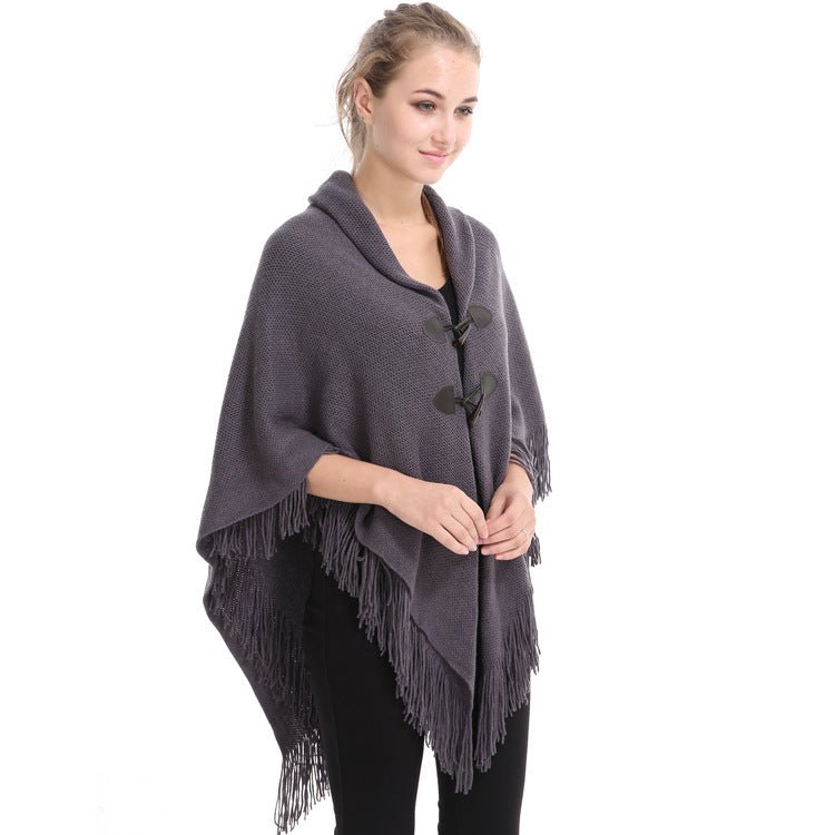 Autumn and Winter New Shawl Cloak Tassel Horn Button Pure Color Asymmetrical Double Layer Tassel Cloak Shawl Warm and Thickeneded - F.MarketRed / 120cmF.Market120cmAutumn and Winter New Shawl Cloak Tassel Horn Button Pure Color Asymmetrical Double Layer Tassel Cloak Shawl Warm and ThickenededAutumn and Winter New Shawl Cloak Tassel Horn Button Pure Color Asymmetrical Double Layer Tassel Cloak Shawl Warm and Thickeneded