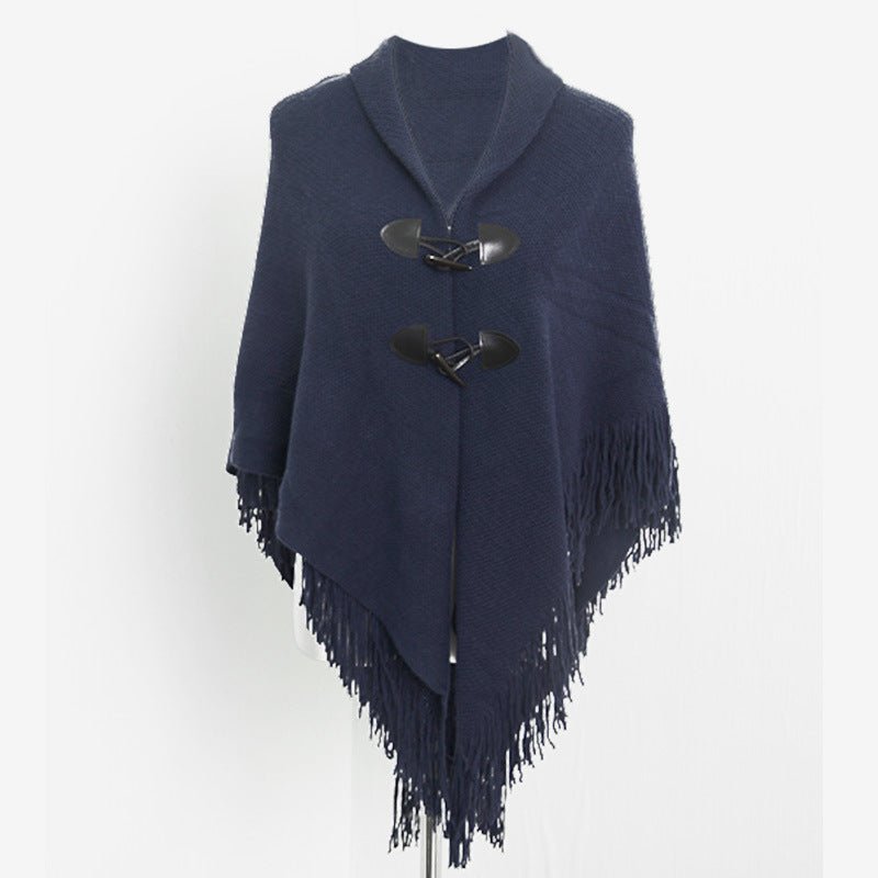 Autumn and Winter New Shawl Cloak Tassel Horn Button Pure Color Asymmetrical Double Layer Tassel Cloak Shawl Warm and Thickeneded - F.MarketRed / 120cmF.Market120cmAutumn and Winter New Shawl Cloak Tassel Horn Button Pure Color Asymmetrical Double Layer Tassel Cloak Shawl Warm and ThickenededAutumn and Winter New Shawl Cloak Tassel Horn Button Pure Color Asymmetrical Double Layer Tassel Cloak Shawl Warm and Thickeneded