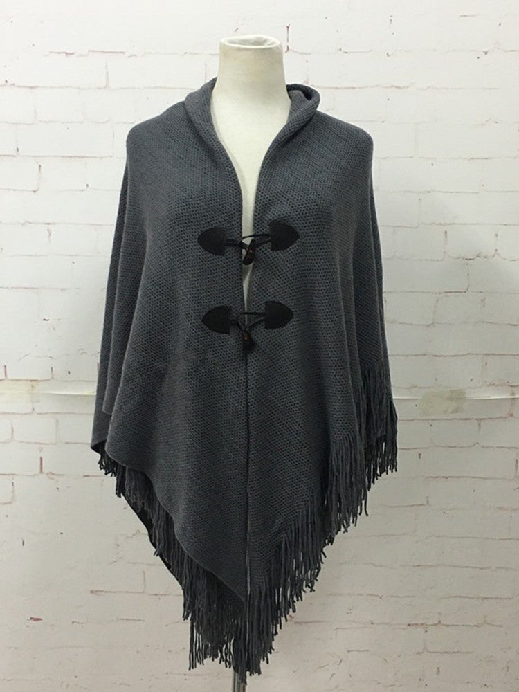 Autumn and Winter New Shawl Cloak Tassel Horn Button Pure Color Asymmetrical Double Layer Tassel Cloak Shawl Warm and Thickeneded - F.MarketDark gray / 120cmF.Market120cmAutumn and Winter New Shawl Cloak Tassel Horn Button Pure Color Asymmetrical Double Layer Tassel Cloak Shawl Warm and ThickenededAutumn and Winter New Shawl Cloak Tassel Horn Button Pure Color Asymmetrical Double Layer Tassel Cloak Shawl Warm and Thickeneded