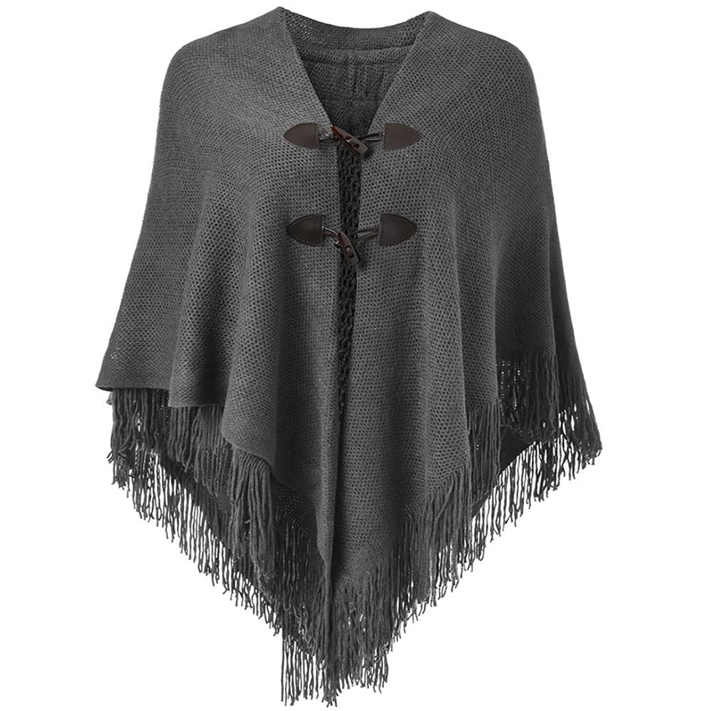 Autumn and Winter New Shawl Cloak Tassel Horn Button Pure Color Asymmetrical Double Layer Tassel Cloak Shawl Warm and Thickeneded - F.MarketRed / 120cmF.Market120cmAutumn and Winter New Shawl Cloak Tassel Horn Button Pure Color Asymmetrical Double Layer Tassel Cloak Shawl Warm and ThickenededAutumn and Winter New Shawl Cloak Tassel Horn Button Pure Color Asymmetrical Double Layer Tassel Cloak Shawl Warm and Thickeneded