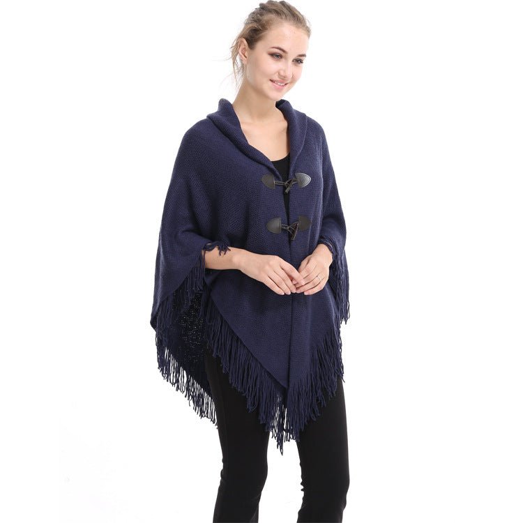 Autumn and Winter New Shawl Cloak Tassel Horn Button Pure Color Asymmetrical Double Layer Tassel Cloak Shawl Warm and Thickeneded - F.MarketRed / 120cmF.Market120cmAutumn and Winter New Shawl Cloak Tassel Horn Button Pure Color Asymmetrical Double Layer Tassel Cloak Shawl Warm and ThickenededAutumn and Winter New Shawl Cloak Tassel Horn Button Pure Color Asymmetrical Double Layer Tassel Cloak Shawl Warm and Thickeneded