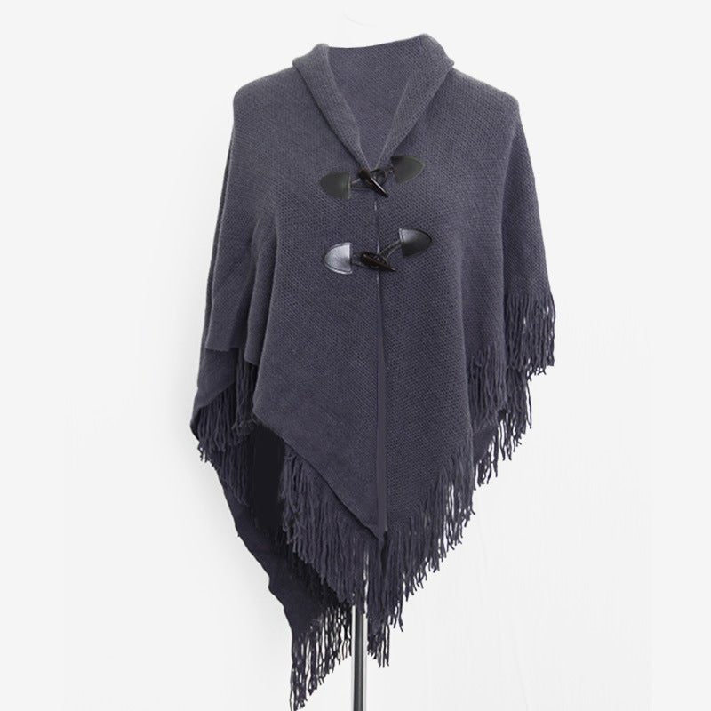 Autumn and Winter New Shawl Cloak Tassel Horn Button Pure Color Asymmetrical Double Layer Tassel Cloak Shawl Warm and Thickeneded - F.MarketRed / 120cmF.Market120cmAutumn and Winter New Shawl Cloak Tassel Horn Button Pure Color Asymmetrical Double Layer Tassel Cloak Shawl Warm and ThickenededAutumn and Winter New Shawl Cloak Tassel Horn Button Pure Color Asymmetrical Double Layer Tassel Cloak Shawl Warm and Thickeneded