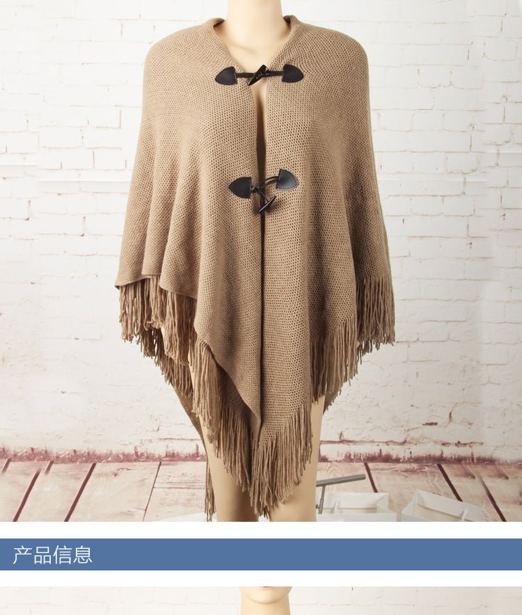 Autumn and Winter New Shawl Cloak Tassel Horn Button Pure Color Asymmetrical Double Layer Tassel Cloak Shawl Warm and Thickeneded - F.MarketRed / 120cmF.Market120cmAutumn and Winter New Shawl Cloak Tassel Horn Button Pure Color Asymmetrical Double Layer Tassel Cloak Shawl Warm and ThickenededAutumn and Winter New Shawl Cloak Tassel Horn Button Pure Color Asymmetrical Double Layer Tassel Cloak Shawl Warm and Thickeneded