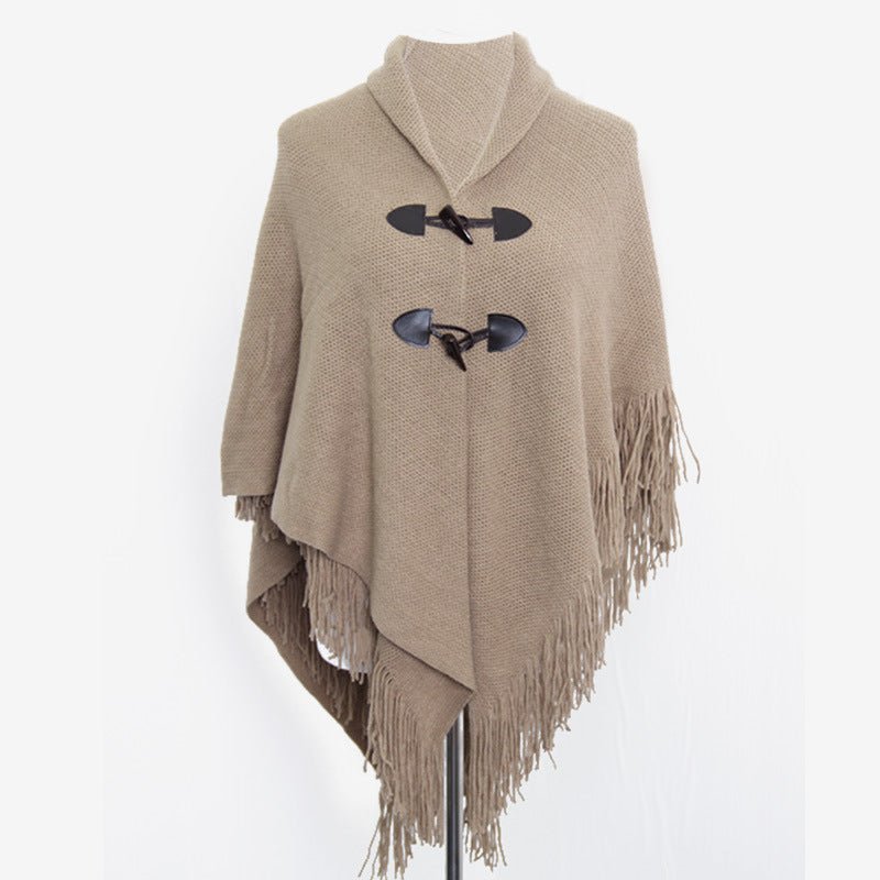 Autumn and Winter New Shawl Cloak Tassel Horn Button Pure Color Asymmetrical Double Layer Tassel Cloak Shawl Warm and Thickeneded - F.MarketKhaki / 120cmF.Market120cmAutumn and Winter New Shawl Cloak Tassel Horn Button Pure Color Asymmetrical Double Layer Tassel Cloak Shawl Warm and ThickenededAutumn and Winter New Shawl Cloak Tassel Horn Button Pure Color Asymmetrical Double Layer Tassel Cloak Shawl Warm and Thickeneded