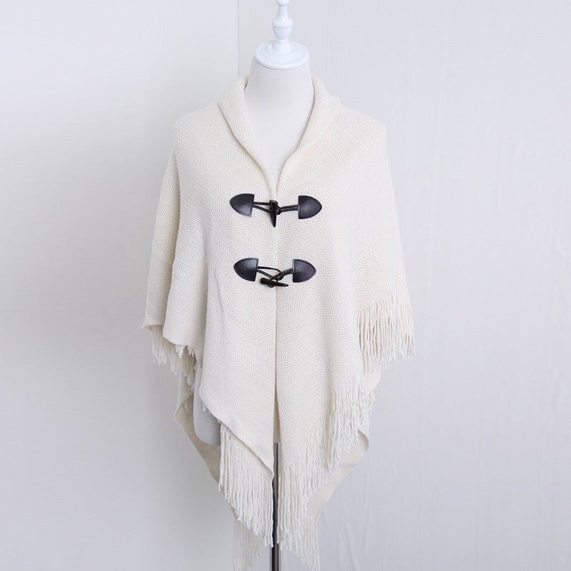 Autumn and Winter New Shawl Cloak Tassel Horn Button Pure Color Asymmetrical Double Layer Tassel Cloak Shawl Warm and Thickeneded - F.MarketRed / 120cmF.Market120cmAutumn and Winter New Shawl Cloak Tassel Horn Button Pure Color Asymmetrical Double Layer Tassel Cloak Shawl Warm and ThickenededAutumn and Winter New Shawl Cloak Tassel Horn Button Pure Color Asymmetrical Double Layer Tassel Cloak Shawl Warm and Thickeneded
