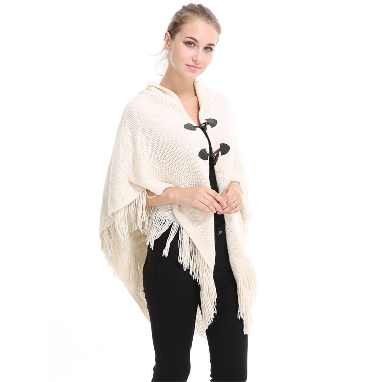 Autumn and Winter New Shawl Cloak Tassel Horn Button Pure Color Asymmetrical Double Layer Tassel Cloak Shawl Warm and Thickeneded - F.MarketRed / 120cmF.Market120cmAutumn and Winter New Shawl Cloak Tassel Horn Button Pure Color Asymmetrical Double Layer Tassel Cloak Shawl Warm and ThickenededAutumn and Winter New Shawl Cloak Tassel Horn Button Pure Color Asymmetrical Double Layer Tassel Cloak Shawl Warm and Thickeneded