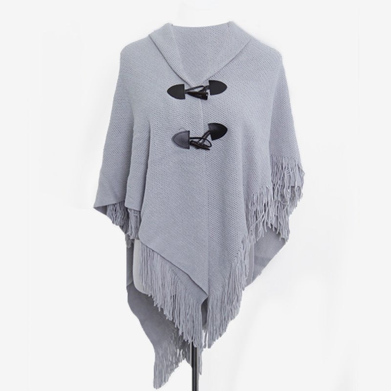 Autumn and Winter New Shawl Cloak Tassel Horn Button Pure Color Asymmetrical Double Layer Tassel Cloak Shawl Warm and Thickeneded - F.MarketLight gray / 120cmF.Market120cmAutumn and Winter New Shawl Cloak Tassel Horn Button Pure Color Asymmetrical Double Layer Tassel Cloak Shawl Warm and ThickenededAutumn and Winter New Shawl Cloak Tassel Horn Button Pure Color Asymmetrical Double Layer Tassel Cloak Shawl Warm and Thickeneded