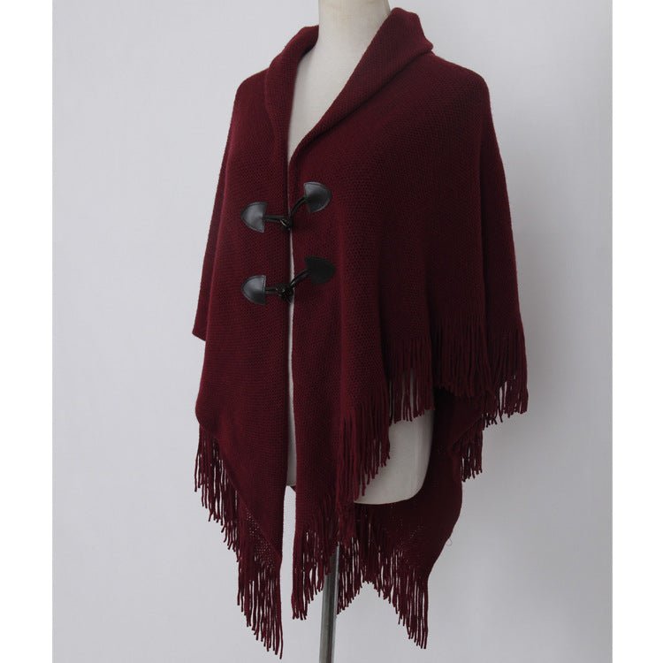 Autumn and Winter New Shawl Cloak Tassel Horn Button Pure Color Asymmetrical Double Layer Tassel Cloak Shawl Warm and Thickeneded - F.MarketRed / 120cmF.Market120cmAutumn and Winter New Shawl Cloak Tassel Horn Button Pure Color Asymmetrical Double Layer Tassel Cloak Shawl Warm and ThickenededAutumn and Winter New Shawl Cloak Tassel Horn Button Pure Color Asymmetrical Double Layer Tassel Cloak Shawl Warm and Thickeneded