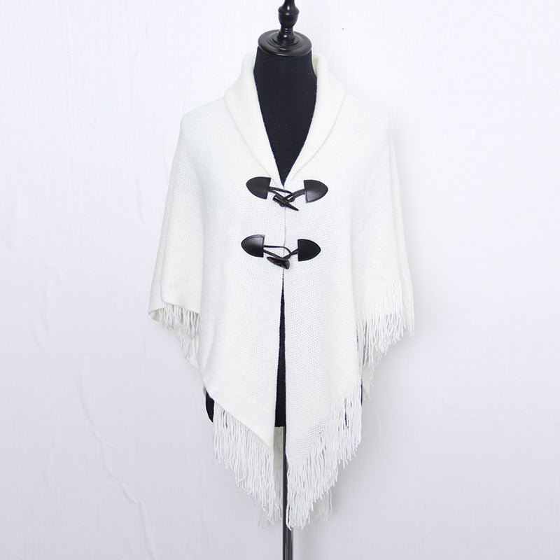 Autumn and Winter New Shawl Cloak Tassel Horn Button Pure Color Asymmetrical Double Layer Tassel Cloak Shawl Warm and Thickeneded - F.MarketWhite / 120cmF.Market120cmAutumn and Winter New Shawl Cloak Tassel Horn Button Pure Color Asymmetrical Double Layer Tassel Cloak Shawl Warm and ThickenededAutumn and Winter New Shawl Cloak Tassel Horn Button Pure Color Asymmetrical Double Layer Tassel Cloak Shawl Warm and Thickeneded