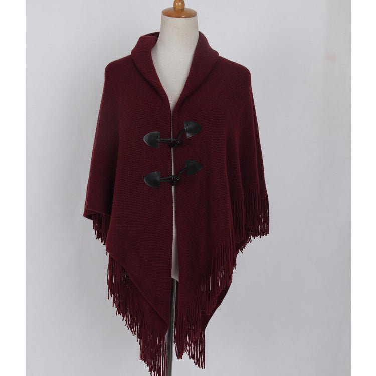 Autumn and Winter New Shawl Cloak Tassel Horn Button Pure Color Asymmetrical Double Layer Tassel Cloak Shawl Warm and Thickeneded - F.MarketRed / 120cmF.Market120cmAutumn and Winter New Shawl Cloak Tassel Horn Button Pure Color Asymmetrical Double Layer Tassel Cloak Shawl Warm and ThickenededAutumn and Winter New Shawl Cloak Tassel Horn Button Pure Color Asymmetrical Double Layer Tassel Cloak Shawl Warm and Thickeneded