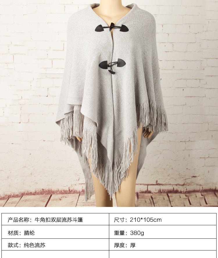 Autumn and Winter New Shawl Cloak Tassel Horn Button Pure Color Asymmetrical Double Layer Tassel Cloak Shawl Warm and Thickeneded - F.MarketRed / 120cmF.Market120cmAutumn and Winter New Shawl Cloak Tassel Horn Button Pure Color Asymmetrical Double Layer Tassel Cloak Shawl Warm and ThickenededAutumn and Winter New Shawl Cloak Tassel Horn Button Pure Color Asymmetrical Double Layer Tassel Cloak Shawl Warm and Thickeneded