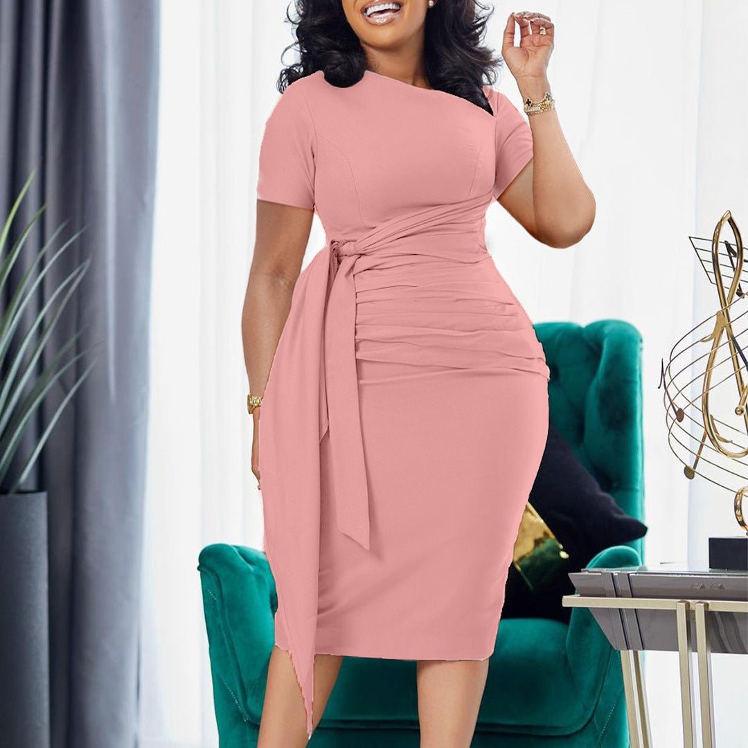 D3210 African foreign trade women's clothing summer new short sleeve fashion pleated elegant lace-up oblique collar European and American dress - F.MarketPink / SF.MarketSD3210 African foreign trade women's clothing summer new short sleeve fashion pleated elegant lace-up oblique collar European and American dressD3210 African foreign trade women's clothing summer new short sleeve fashion pleated elegant lace-up oblique collar European and American dress