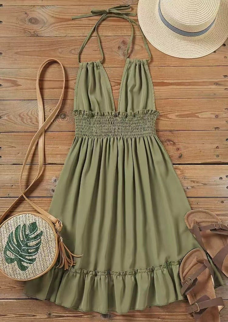European and American Amazon Cross-Border Popular Women's Clothing Deep V Rope Suspender Parallel Pleated Sexy Dress Beach Degree - F.MarketOlive green / SF.MarketSEuropean and American Amazon Cross-Border Popular Women's Clothing Deep V Rope Suspender Parallel Pleated Sexy Dress Beach DegreeEuropean and American Amazon Cross-Border Popular Women's Clothing Deep V Rope Suspender Parallel Pleated Sexy Dress Beach Degree