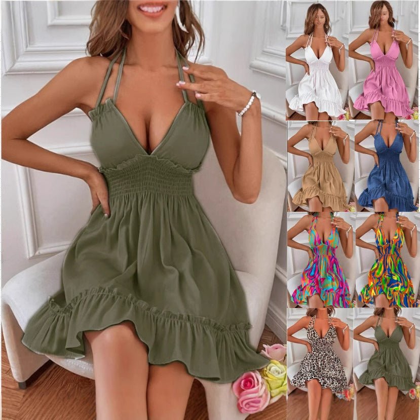 European and American Amazon Cross-Border Popular Women's Clothing Deep V Rope Suspender Parallel Pleated Sexy Dress Beach Degree - F.MarketOlive green / SF.MarketSEuropean and American Amazon Cross-Border Popular Women's Clothing Deep V Rope Suspender Parallel Pleated Sexy Dress Beach DegreeEuropean and American Amazon Cross-Border Popular Women's Clothing Deep V Rope Suspender Parallel Pleated Sexy Dress Beach Degree