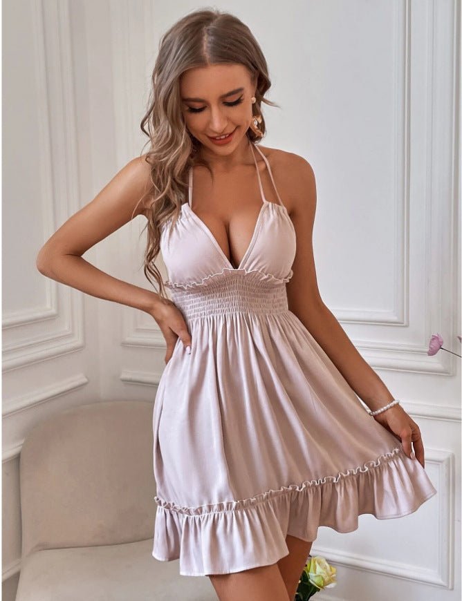European and American Amazon Cross-Border Popular Women's Clothing Deep V Rope Suspender Parallel Pleated Sexy Dress Beach Degree - F.MarketOlive green / SF.MarketSEuropean and American Amazon Cross-Border Popular Women's Clothing Deep V Rope Suspender Parallel Pleated Sexy Dress Beach DegreeEuropean and American Amazon Cross-Border Popular Women's Clothing Deep V Rope Suspender Parallel Pleated Sexy Dress Beach Degree