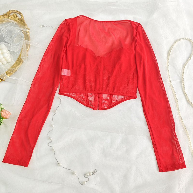 European and American Style Sexy Lace Mesh Square Collar Long-Sleeved T-Shirt Women's Hot Girl Stretch Slim-Fit Slimming Short Top - F.MarketRed (with steel ring and no breast pad) / SF.MarketSEuropean and American Style Sexy Lace Mesh Square Collar Long-Sleeved T-Shirt Women's Hot Girl Stretch Slim-Fit Slimming Short TopEuropean and American Style Sexy Lace Mesh Square Collar Long-Sleeved T-Shirt Women's Hot Girl Stretch Slim-Fit Slimming Short Top