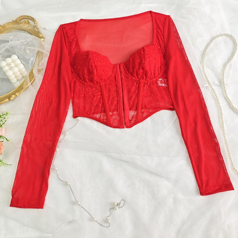 European and American Style Sexy Lace Mesh Square Collar Long-Sleeved T-Shirt Women's Hot Girl Stretch Slim-Fit Slimming Short Top - F.MarketRed (with steel ring and no breast pad) / SF.MarketSEuropean and American Style Sexy Lace Mesh Square Collar Long-Sleeved T-Shirt Women's Hot Girl Stretch Slim-Fit Slimming Short TopEuropean and American Style Sexy Lace Mesh Square Collar Long-Sleeved T-Shirt Women's Hot Girl Stretch Slim-Fit Slimming Short Top