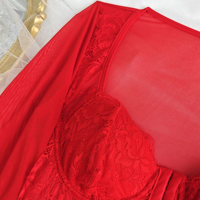 European and American Style Sexy Lace Mesh Square Collar Long-Sleeved T-Shirt Women's Hot Girl Stretch Slim-Fit Slimming Short Top - F.MarketRed (with steel ring and no breast pad) / SF.MarketSEuropean and American Style Sexy Lace Mesh Square Collar Long-Sleeved T-Shirt Women's Hot Girl Stretch Slim-Fit Slimming Short TopEuropean and American Style Sexy Lace Mesh Square Collar Long-Sleeved T-Shirt Women's Hot Girl Stretch Slim-Fit Slimming Short Top
