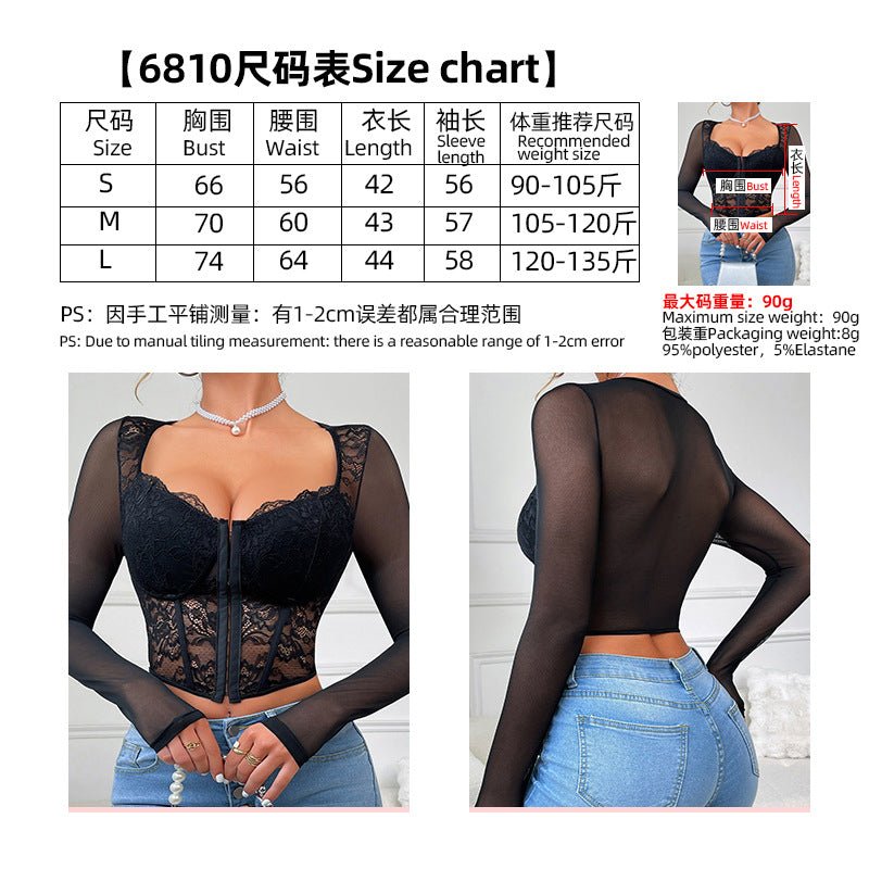 European and American Style Sexy Lace Mesh Square Collar Long-Sleeved T-Shirt Women's Hot Girl Stretch Slim-Fit Slimming Short Top - F.MarketRed (with steel ring and no breast pad) / SF.MarketSEuropean and American Style Sexy Lace Mesh Square Collar Long-Sleeved T-Shirt Women's Hot Girl Stretch Slim-Fit Slimming Short TopEuropean and American Style Sexy Lace Mesh Square Collar Long-Sleeved T-Shirt Women's Hot Girl Stretch Slim-Fit Slimming Short Top