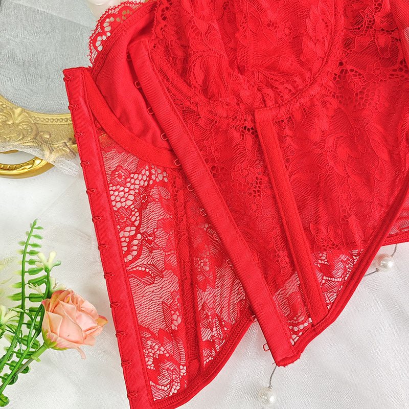 European and American Style Sexy Lace Mesh Square Collar Long-Sleeved T-Shirt Women's Hot Girl Stretch Slim-Fit Slimming Short Top - F.MarketRed (with steel ring and no breast pad) / SF.MarketSEuropean and American Style Sexy Lace Mesh Square Collar Long-Sleeved T-Shirt Women's Hot Girl Stretch Slim-Fit Slimming Short TopEuropean and American Style Sexy Lace Mesh Square Collar Long-Sleeved T-Shirt Women's Hot Girl Stretch Slim-Fit Slimming Short Top