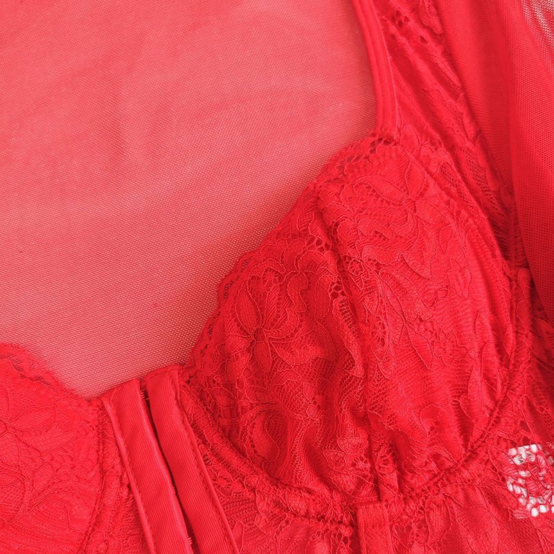 European and American Style Sexy Lace Mesh Square Collar Long-Sleeved T-Shirt Women's Hot Girl Stretch Slim-Fit Slimming Short Top - F.MarketRed (with steel ring and no breast pad) / SF.MarketSEuropean and American Style Sexy Lace Mesh Square Collar Long-Sleeved T-Shirt Women's Hot Girl Stretch Slim-Fit Slimming Short TopEuropean and American Style Sexy Lace Mesh Square Collar Long-Sleeved T-Shirt Women's Hot Girl Stretch Slim-Fit Slimming Short Top