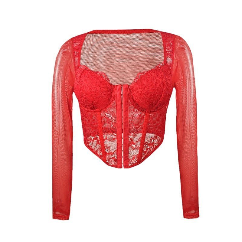 European and American Style Sexy Lace Mesh Square Collar Long-Sleeved T-Shirt Women's Hot Girl Stretch Slim-Fit Slimming Short Top - F.MarketRed (with steel ring and no breast pad) / SF.MarketSEuropean and American Style Sexy Lace Mesh Square Collar Long-Sleeved T-Shirt Women's Hot Girl Stretch Slim-Fit Slimming Short TopEuropean and American Style Sexy Lace Mesh Square Collar Long-Sleeved T-Shirt Women's Hot Girl Stretch Slim-Fit Slimming Short Top
