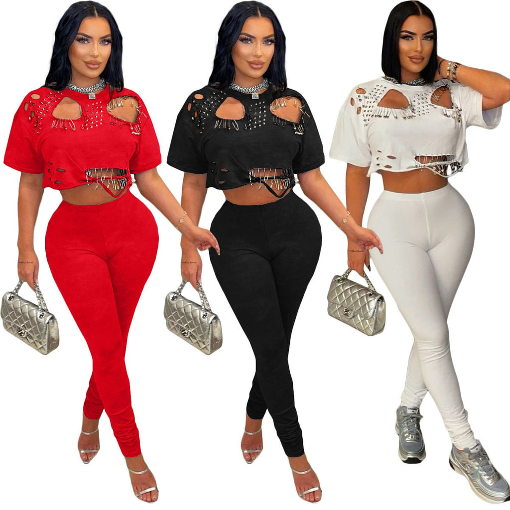 [in Stock] Y2683 European and American 2025 Spring/Summer Fashion Round Neck Distressed Pin Short T-Shirt Two-Piece Set - F.MarketBlack / SF.MarketS[in Stock] Y2683 European and American 2025 Spring/Summer Fashion Round Neck Distressed Pin Short T-Shirt Two-Piece Set[in Stock] Y2683 European and American 2025 Spring/Summer Fashion Round Neck Distressed Pin Short T-Shirt Two-Piece Set