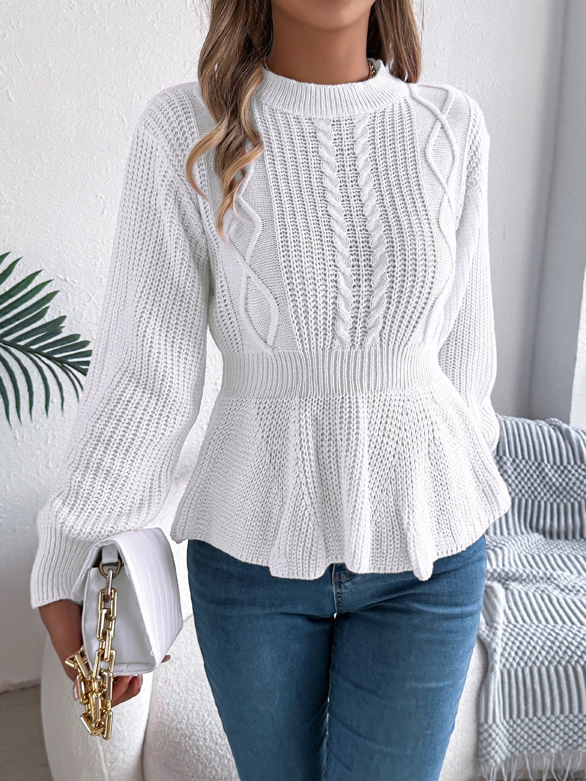 Real Shot of Autumn and Winter European and American Style Solid Color Cable Knit Waist-Cinching Ruffled Long-Sleeve Pullover Sweater, Independent Cross-Border Women's Fashion - F.MarketWhite / SF.MarketSReal Shot of Autumn and Winter European and American Style Solid Color Cable Knit Waist-Cinching Ruffled Long-Sleeve Pullover Sweater, Independent Cross-Border Women's FashionReal Shot of Autumn and Winter European and American Style Solid Color Cable Knit Waist-Cinching Ruffled Long-Sleeve Pull