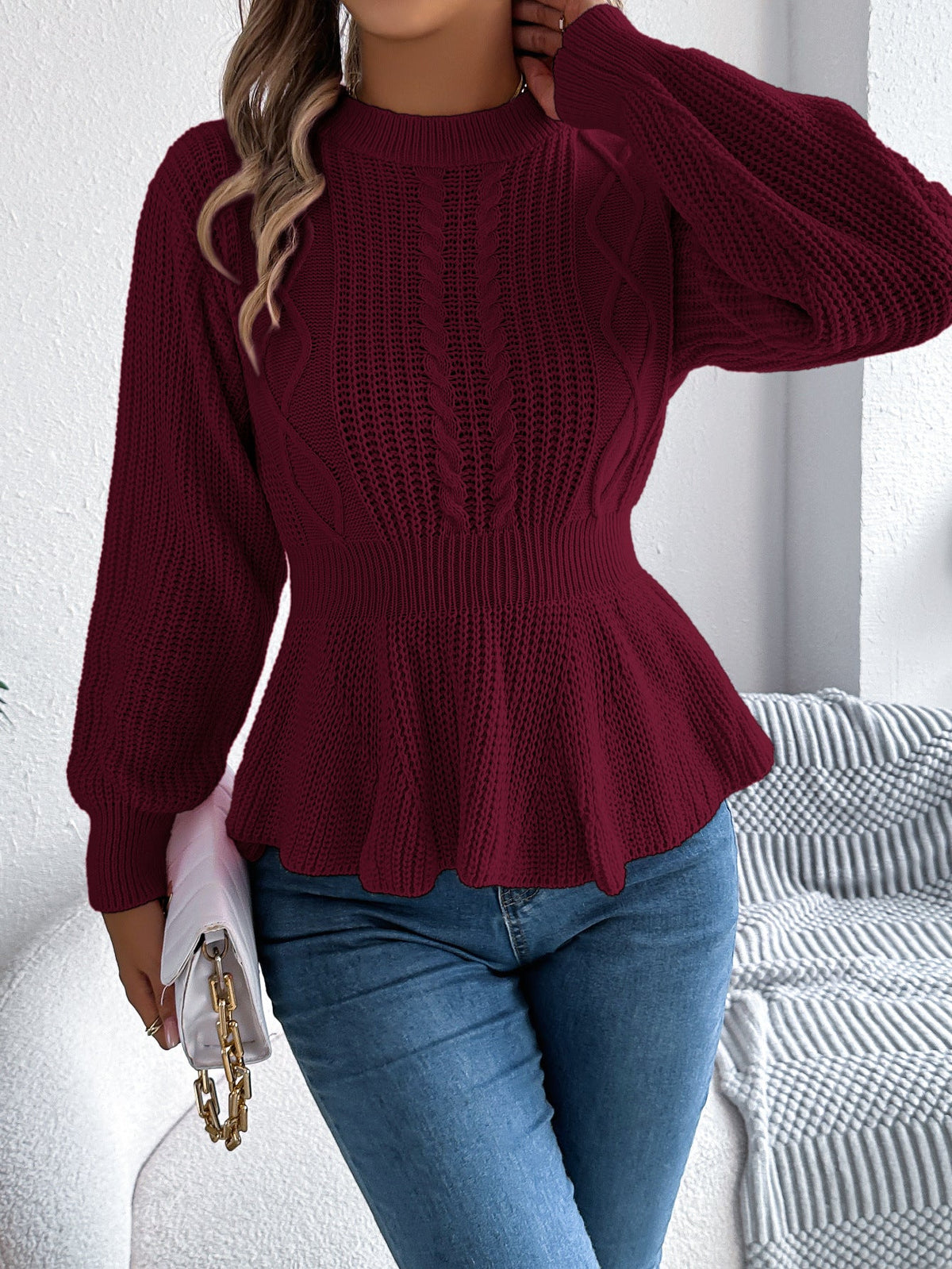 Real Shot of Autumn and Winter European and American Style Solid Color Cable Knit Waist-Cinching Ruffled Long-Sleeve Pullover Sweater, Independent Cross-Border Women's Fashion - F.MarketWine red / SF.MarketSReal Shot of Autumn and Winter European and American Style Solid Color Cable Knit Waist-Cinching Ruffled Long-Sleeve Pullover Sweater, Independent Cross-Border Women's FashionReal Shot of Autumn and Winter European and American Style Solid Color Cable Knit Waist-Cinching Ruffled Long-Sleeve P