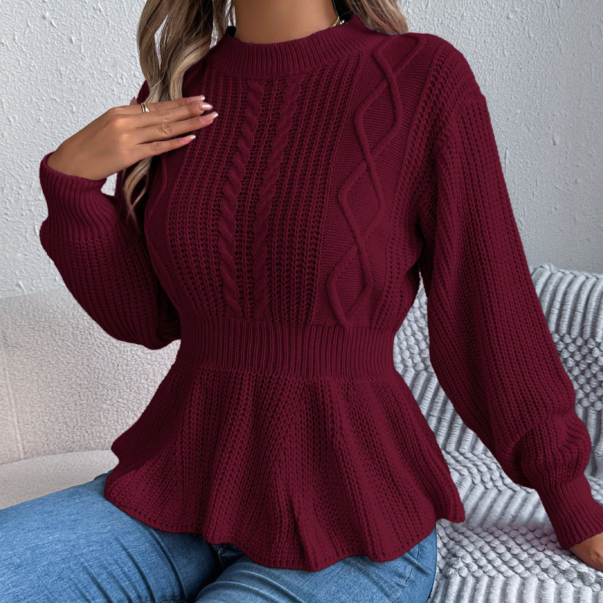 Real Shot of Autumn and Winter European and American Style Solid Color Cable Knit Waist-Cinching Ruffled Long-Sleeve Pullover Sweater, Independent Cross-Border Women's Fashion - F.MarketAmazon quality, promote with confidence / SF.MarketSReal Shot of Autumn and Winter European and American Style Solid Color Cable Knit Waist-Cinching Ruffled Long-Sleeve Pullover Sweater, Independent Cross-Border Women's FashionReal Shot of Autumn and Winter European and American Style Solid Color Cable Knit Waist