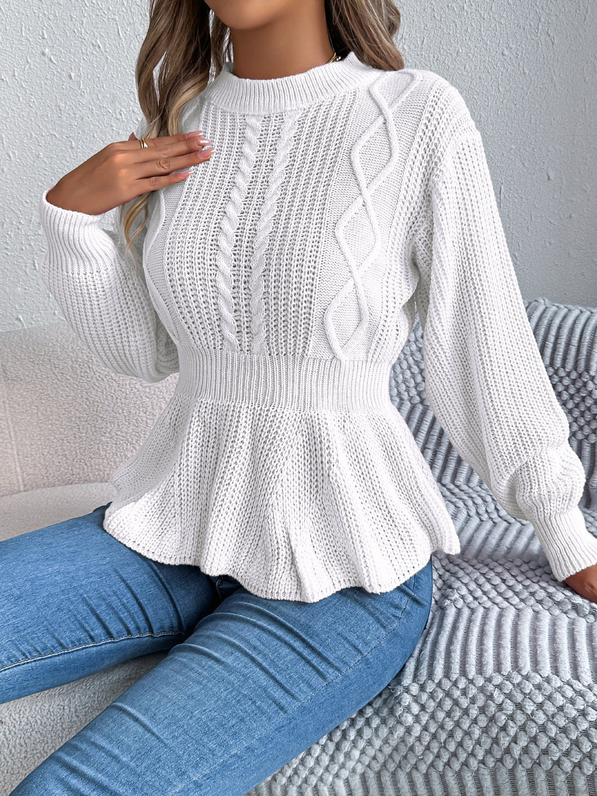 Real Shot of Autumn and Winter European and American Style Solid Color Cable Knit Waist-Cinching Ruffled Long-Sleeve Pullover Sweater, Independent Cross-Border Women's Fashion - F.MarketAmazon quality, promote with confidence / SF.MarketSReal Shot of Autumn and Winter European and American Style Solid Color Cable Knit Waist-Cinching Ruffled Long-Sleeve Pullover Sweater, Independent Cross-Border Women's FashionReal Shot of Autumn and Winter European and American Style Solid Color Cable Knit Waist