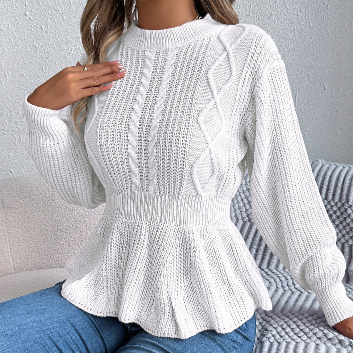 Real Shot of Autumn and Winter European and American Style Solid Color Cable Knit Waist-Cinching Ruffled Long-Sleeve Pullover Sweater, Independent Cross-Border Women's Fashion - F.MarketAmazon quality, promote with confidence / SF.MarketSReal Shot of Autumn and Winter European and American Style Solid Color Cable Knit Waist-Cinching Ruffled Long-Sleeve Pullover Sweater, Independent Cross-Border Women's FashionReal Shot of Autumn and Winter European and American Style Solid Color Cable Knit Waist
