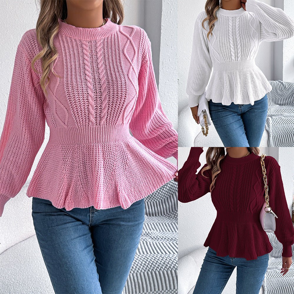 Real Shot of Autumn and Winter European and American Style Solid Color Cable Knit Waist-Cinching Ruffled Long-Sleeve Pullover Sweater, Independent Cross-Border Women's Fashion - F.MarketAmazon quality, promote with confidence / SF.MarketSReal Shot of Autumn and Winter European and American Style Solid Color Cable Knit Waist-Cinching Ruffled Long-Sleeve Pullover Sweater, Independent Cross-Border Women's FashionReal Shot of Autumn and Winter European and American Style Solid Color Cable Knit Waist