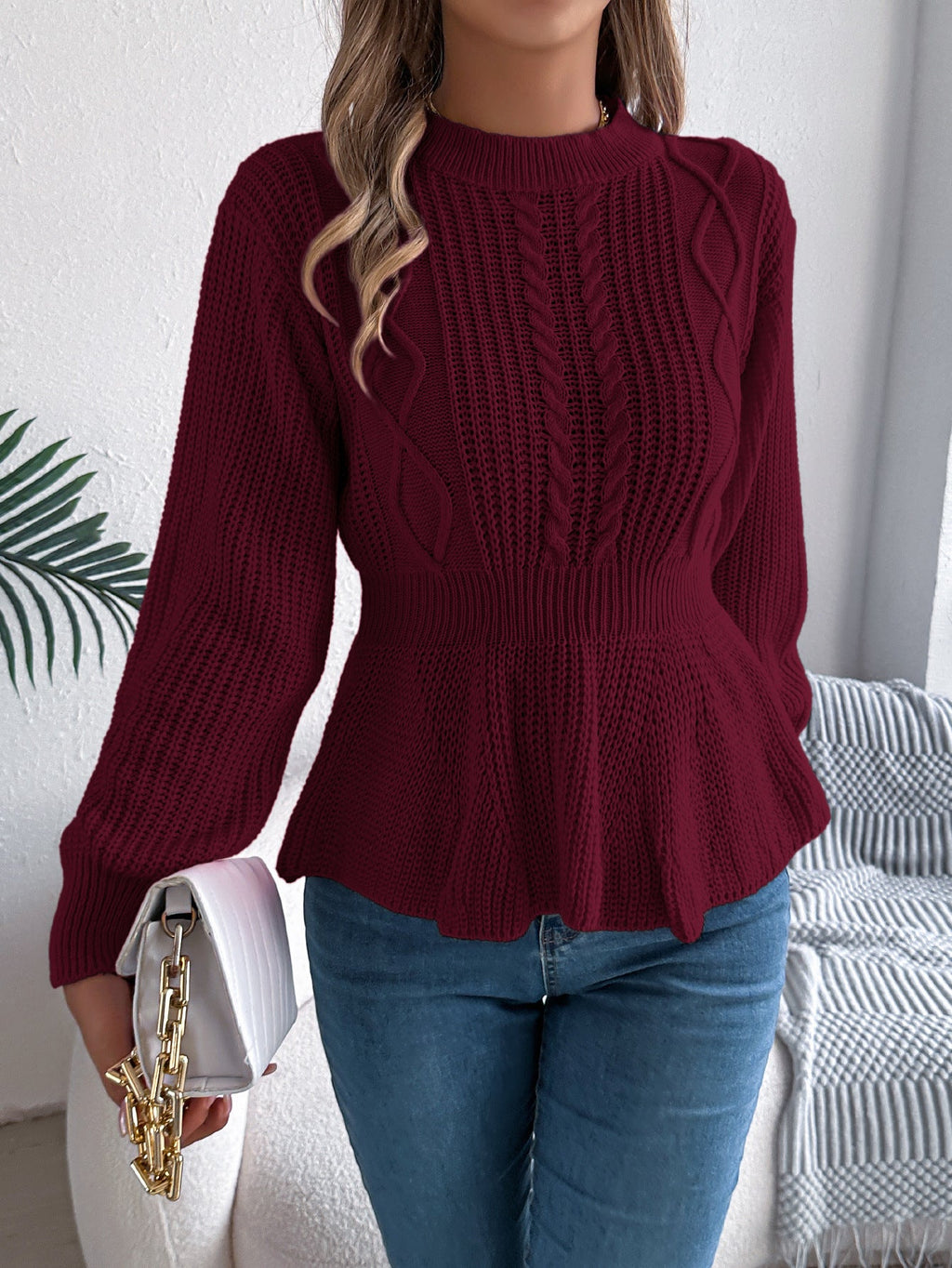 Real Shot of Autumn and Winter European and American Style Solid Color Cable Knit Waist-Cinching Ruffled Long-Sleeve Pullover Sweater, Independent Cross-Border Women's Fashion - F.MarketAmazon quality, promote with confidence / SF.MarketSReal Shot of Autumn and Winter European and American Style Solid Color Cable Knit Waist-Cinching Ruffled Long-Sleeve Pullover Sweater, Independent Cross-Border Women's FashionReal Shot of Autumn and Winter European and American Style Solid Color Cable Knit Waist