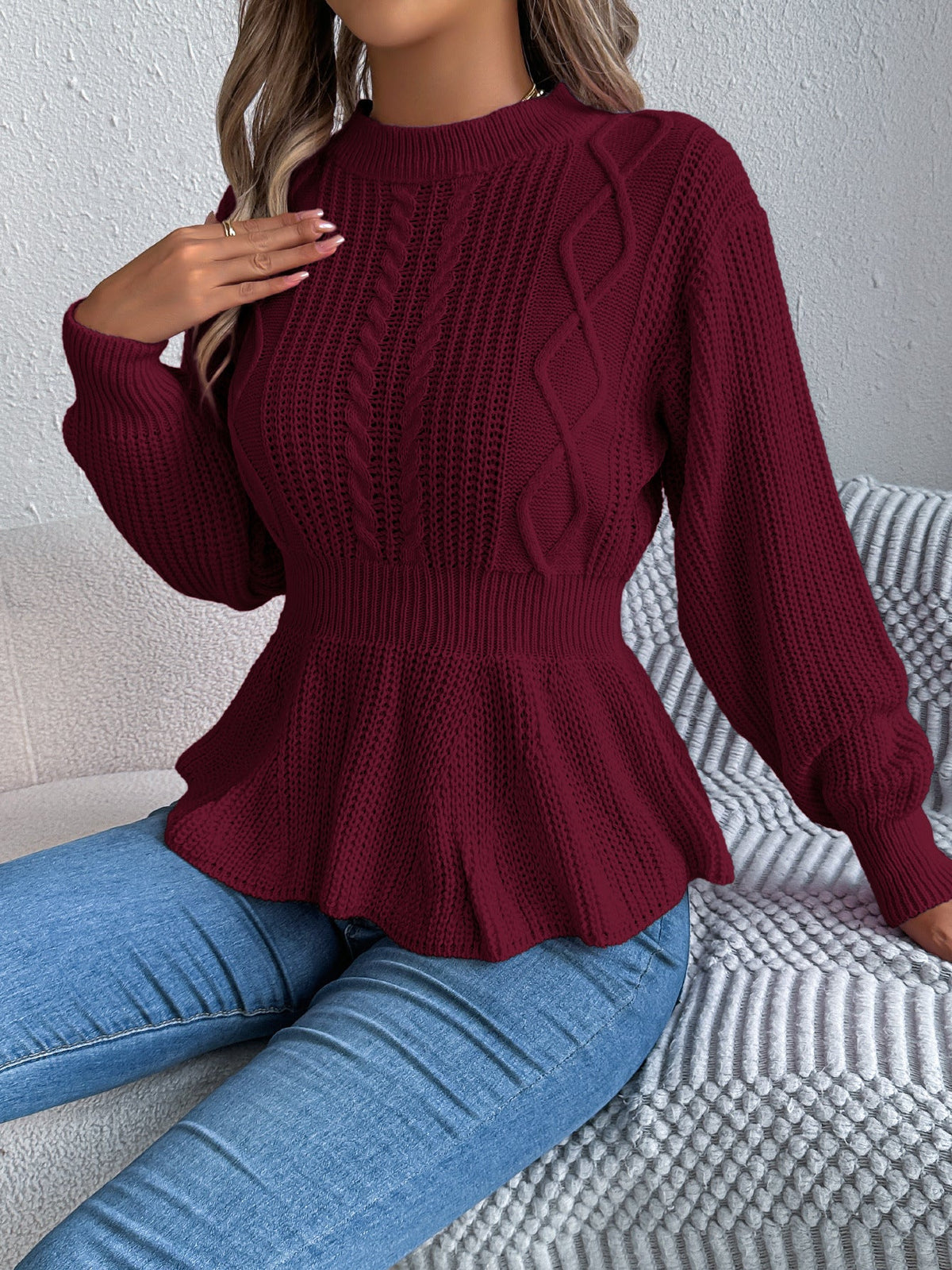 Real Shot of Autumn and Winter European and American Style Solid Color Cable Knit Waist-Cinching Ruffled Long-Sleeve Pullover Sweater, Independent Cross-Border Women's Fashion - F.MarketAmazon quality, promote with confidence / SF.MarketSReal Shot of Autumn and Winter European and American Style Solid Color Cable Knit Waist-Cinching Ruffled Long-Sleeve Pullover Sweater, Independent Cross-Border Women's FashionReal Shot of Autumn and Winter European and American Style Solid Color Cable Knit Waist