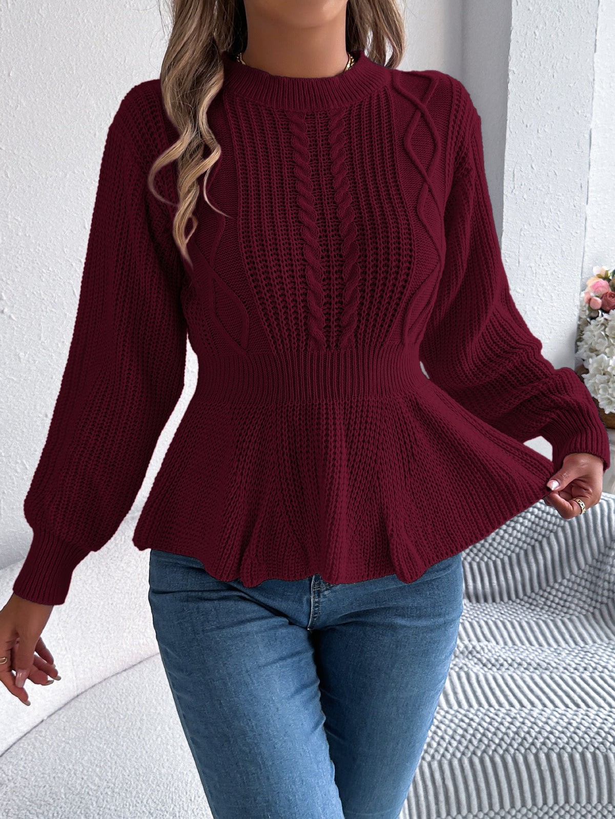 Real Shot of Autumn and Winter European and American Style Solid Color Cable Knit Waist-Cinching Ruffled Long-Sleeve Pullover Sweater, Independent Cross-Border Women's Fashion - F.MarketAmazon quality, promote with confidence / SF.MarketSReal Shot of Autumn and Winter European and American Style Solid Color Cable Knit Waist-Cinching Ruffled Long-Sleeve Pullover Sweater, Independent Cross-Border Women's FashionReal Shot of Autumn and Winter European and American Style Solid Color Cable Knit Waist