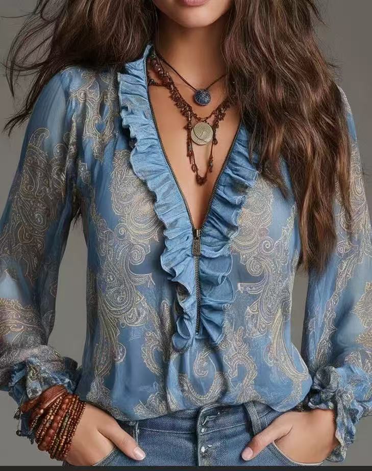 Romantic Boho Deep V-Neck Paisley Ruffle Chiffon Shirt - F.Market9F17445A37C3440884AA121A67729B5AeproloXSRomantic Boho Deep V-Neck Paisley Ruffle Chiffon ShirtRomantic Boho Deep V-Neck Paisley Ruffle Chiffon Shirt