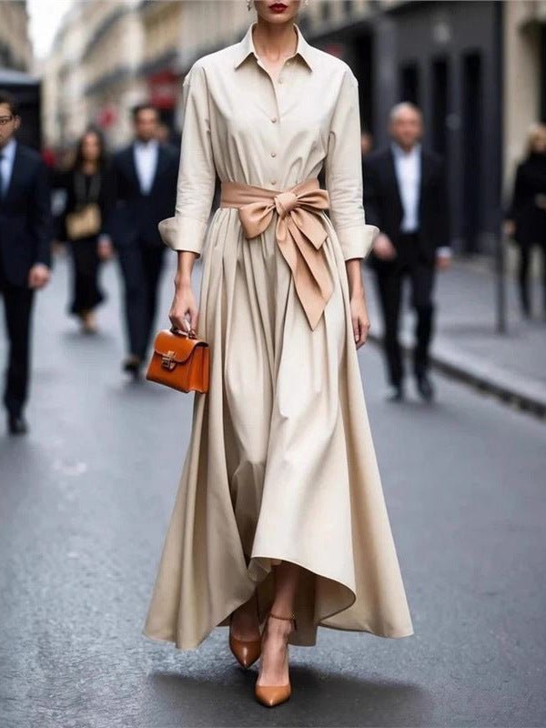 Solid color lace up POLO collar dress jacket long skirt coat - F.MarketE57D397980894E7EBDF168A359ACE50AeproloSSolid color lace up POLO collar dress jacket long skirt coatSolid color lace up POLO collar dress jacket long skirt coat