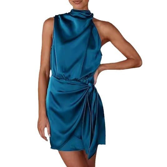 Spring 2024 Women's Short Formal Satin Dress Summer Sleeveless Collar Lace Up Waist Cocktail Party - F.MarketBlack / SF.MarketSSpring 2024 Women's Short Formal Satin Dress Summer Sleeveless Collar Lace Up Waist Cocktail PartySpring 2024 Women's Short Formal Satin Dress Summer Sleeveless Collar Lace Up Waist Cocktail Party