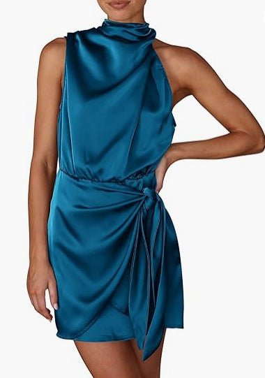 Spring 2024 Women's Short Formal Satin Dress Summer Sleeveless Collar Lace Up Waist Cocktail Party - F.Marketpeacock blue / SF.MarketSSpring 2024 Women's Short Formal Satin Dress Summer Sleeveless Collar Lace Up Waist Cocktail PartySpring 2024 Women's Short Formal Satin Dress Summer Sleeveless Collar Lace Up Waist Cocktail Party