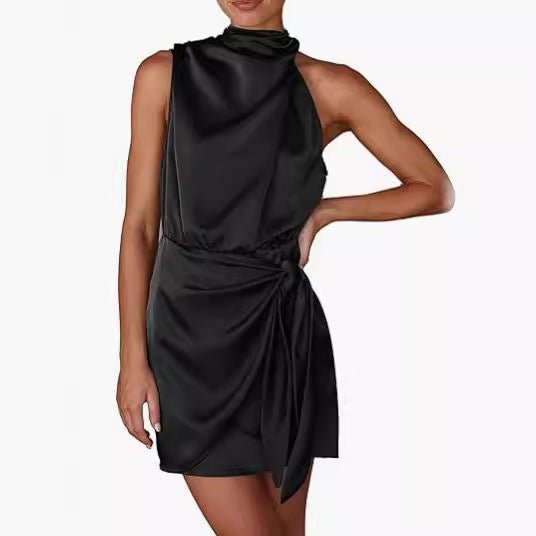 Spring 2024 Women's Short Formal Satin Dress Summer Sleeveless Collar Lace Up Waist Cocktail Party - F.MarketBlack / SF.MarketSSpring 2024 Women's Short Formal Satin Dress Summer Sleeveless Collar Lace Up Waist Cocktail PartySpring 2024 Women's Short Formal Satin Dress Summer Sleeveless Collar Lace Up Waist Cocktail Party