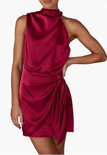 Spring 2024 Women's Short Formal Satin Dress Summer Sleeveless Collar Lace Up Waist Cocktail Party - F.MarketBurgundy / SF.MarketSSpring 2024 Women's Short Formal Satin Dress Summer Sleeveless Collar Lace Up Waist Cocktail PartySpring 2024 Women's Short Formal Satin Dress Summer Sleeveless Collar Lace Up Waist Cocktail Party